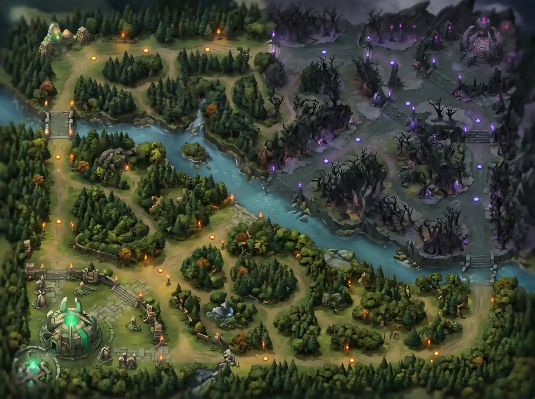 Partida profesional de Dota 2 mostrando el mapa con carriles, torres y el río que divide la arena